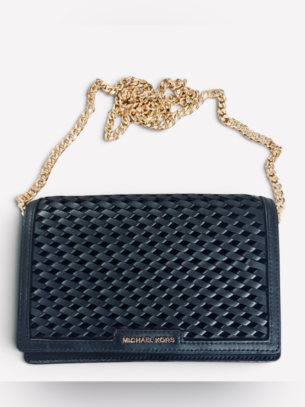 Michael Kors Jet Set Medium Black Woven Leather Crossbody with Gold Chain Strap